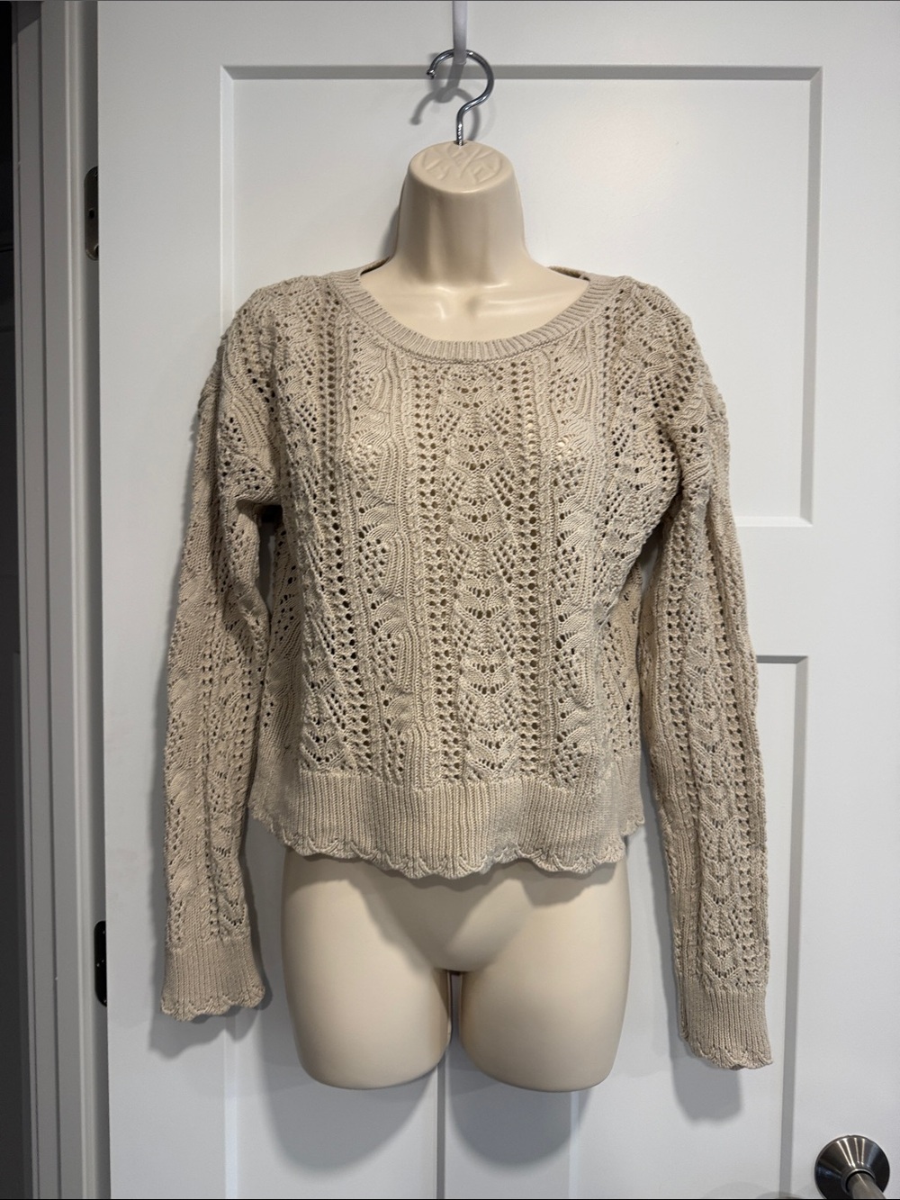 Lucky Brand Women’s S Cream Beige Open Knit Lace Sweater 100% Cotton